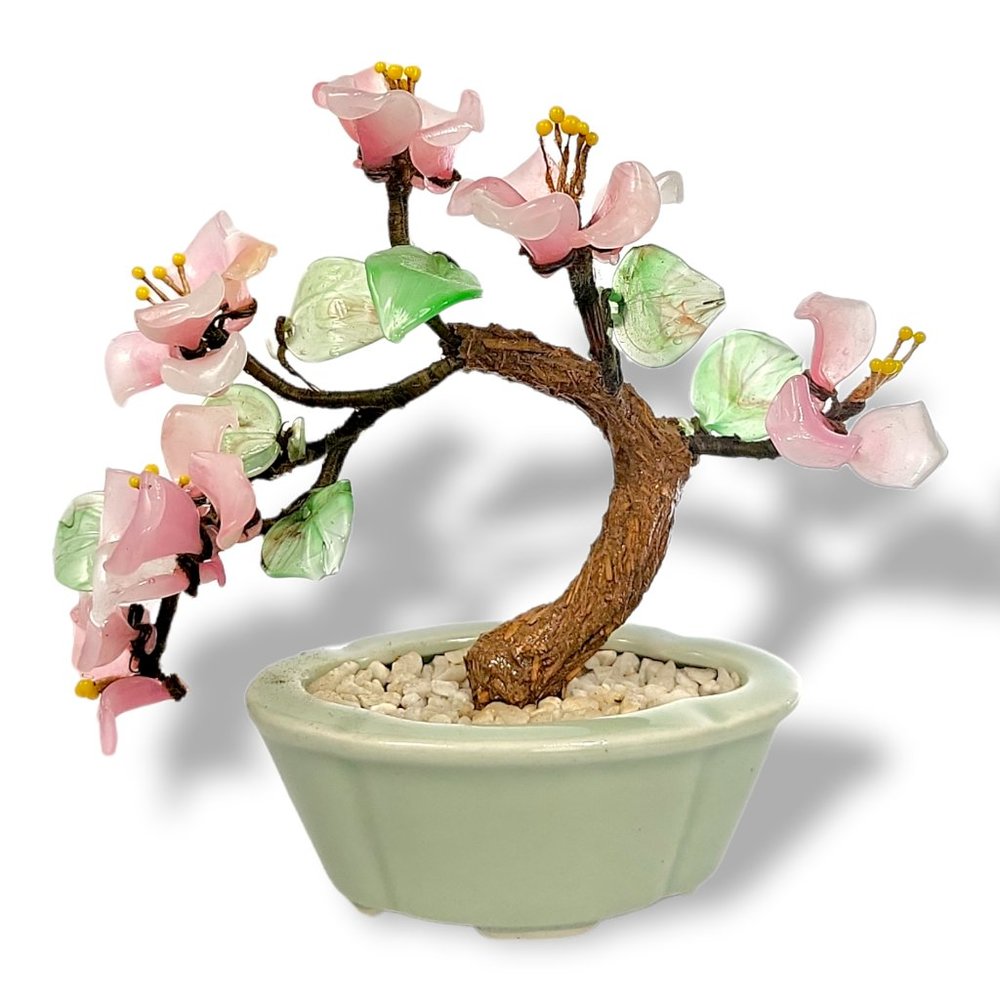 Home Décor Japanese Glass Bonsai Tree Pink Flowers
